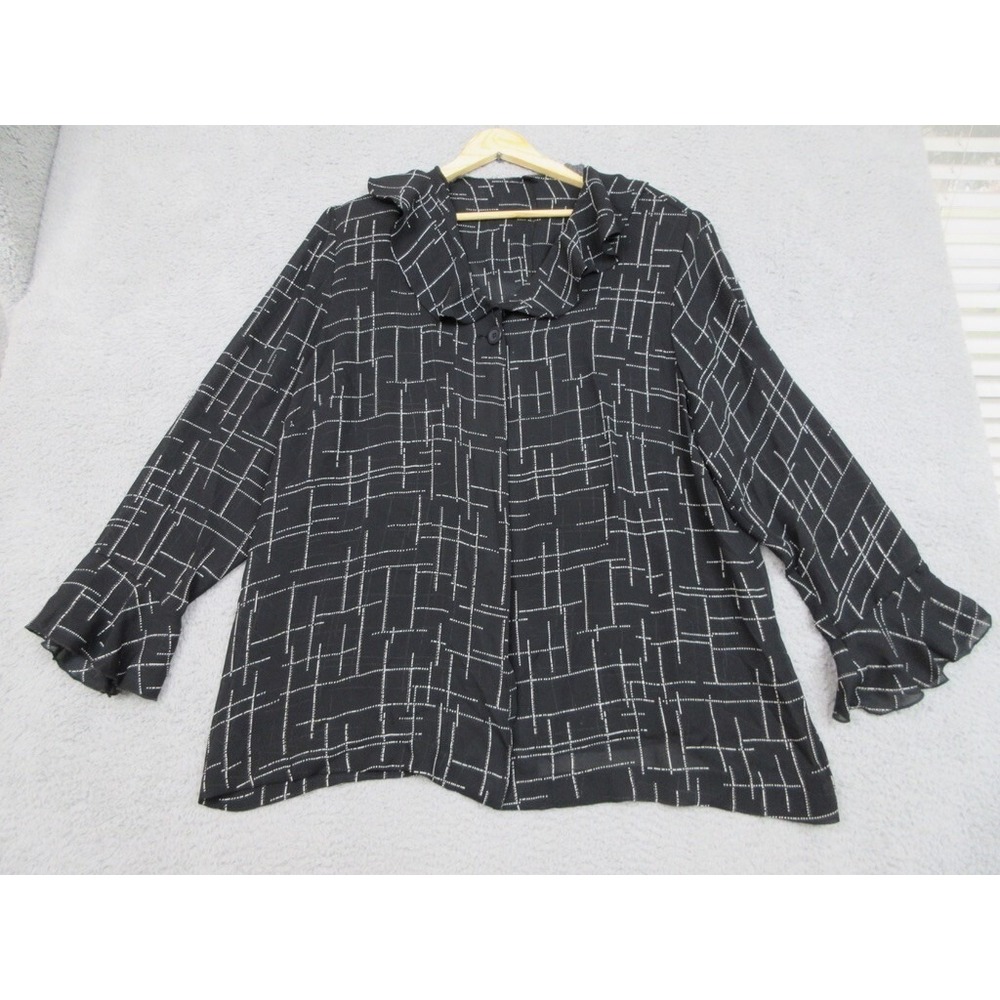 HBS Shirt‎ Women 20W Black White Geo Print Sheer Ruffled Corpcore Dark Academia